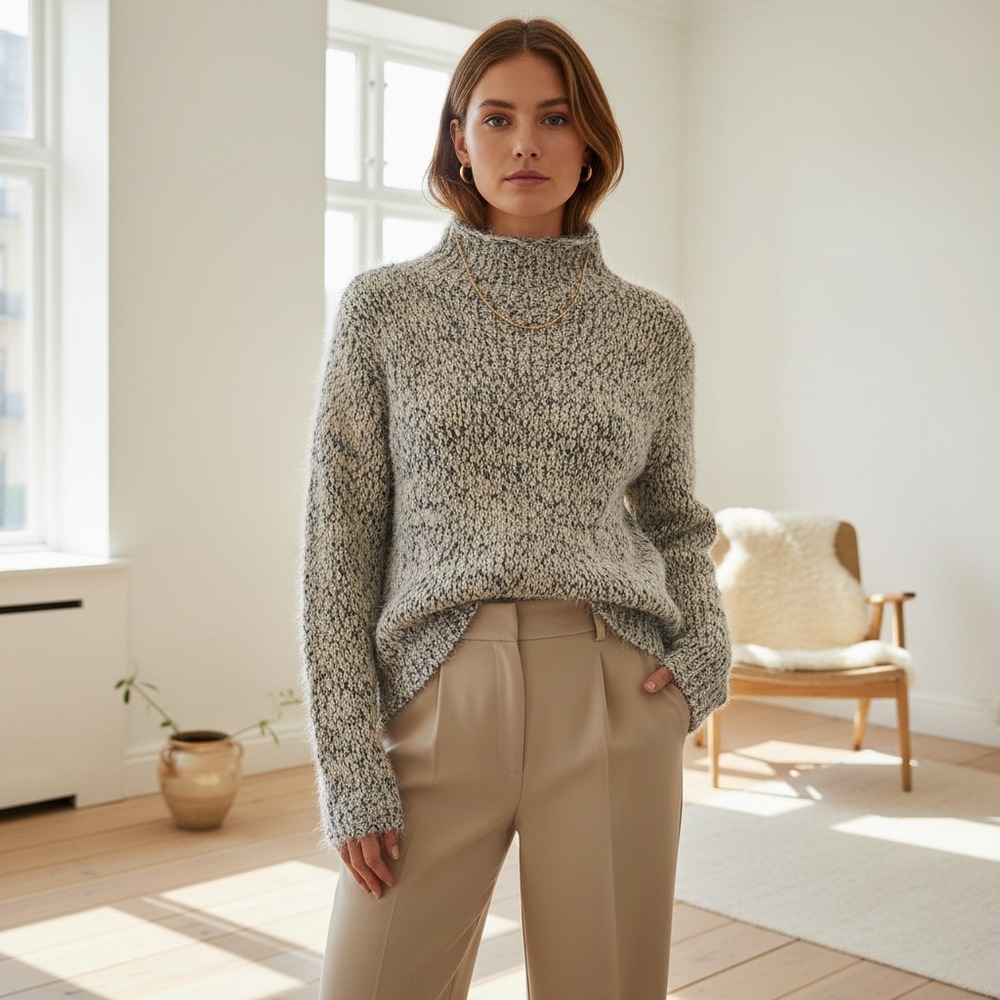 Chelsea Theodore Sweater Eyelash‎ Cream Blue Mock Soft Scandi Quiet Luxury Sz M